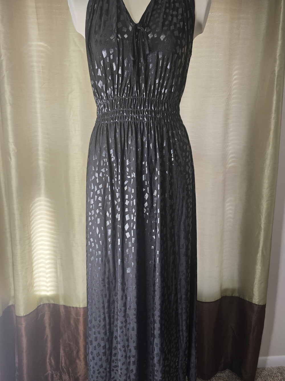 Sleeveless Black Metallic-Accent Maxi Dress with Smocked Waist - Picture 2 of 9